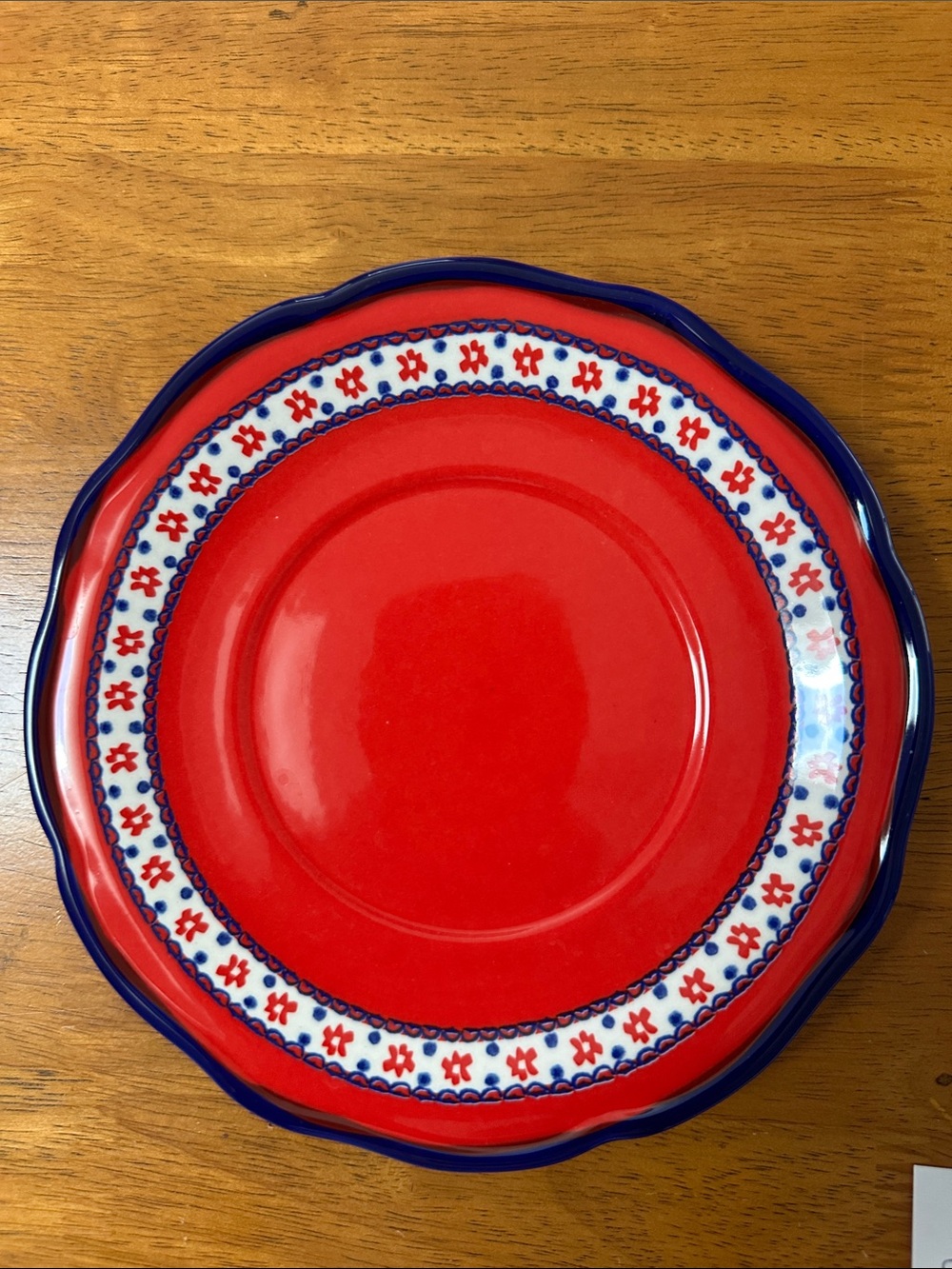Pioneer woman 7” ceramic, Fiona Floral #2918 DMT. Red with blue scalloped edges
